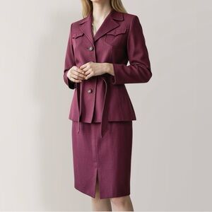 Vintage Wool Blazer Skirt Suit Size 44 / M Burgundy Maroon Jacket Work Business